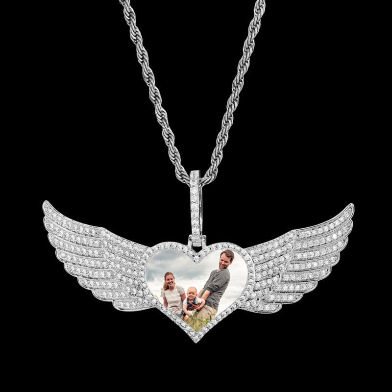 Iced Large Angel Wings Photo Custom Heart Pendant - 80mm