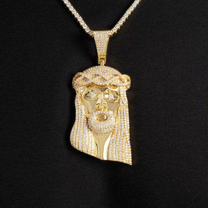 Large iced cross pendant necklace in yellow gold with detailed design