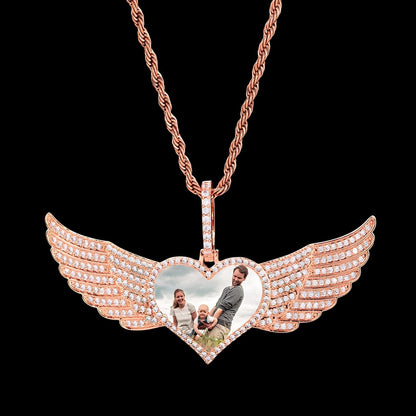 Rose gold large angel wings custom heart pendant – 80mm personalized photo memorial necklace
