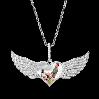 Silver angel wings custom heart photo pendant – 80mm personalized memorial necklace with cubic zirconia stones