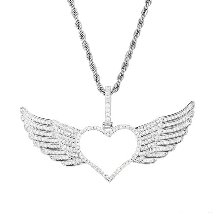 Iced silver angel wings heart pendant frame – 80mm custom photo necklace ready for personalization