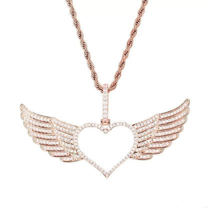 Empty rose gold 80mm angel wings heart pendant frame – ready for personalized custom photo setting and micro-inlaid CZs