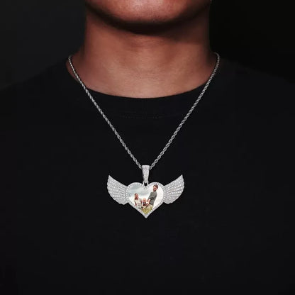 Micro-Inlaid Customized Photo Heart Wings Pendant in 18k Gold - 25mm