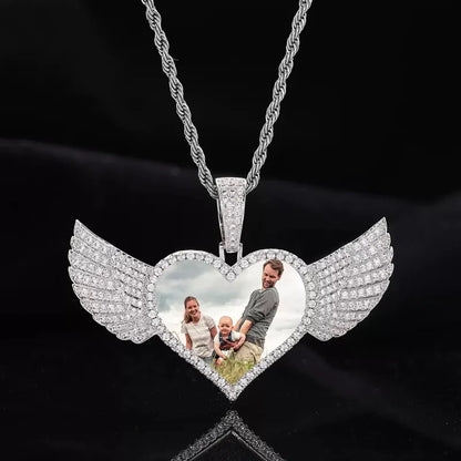 Micro-Inlaid Customized Photo Heart Wings Pendant in 18k Gold - 25mm