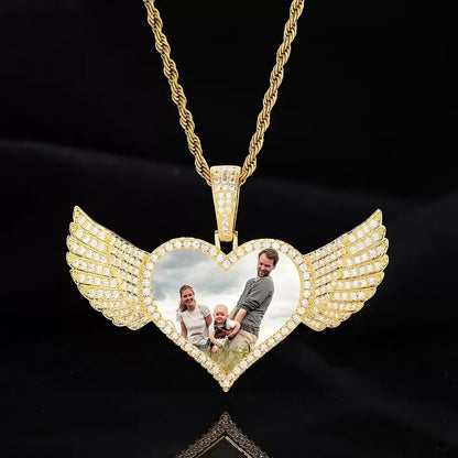 Gold micro-inlaid heart-shaped wings photo pendant - 25mm custom family necklace