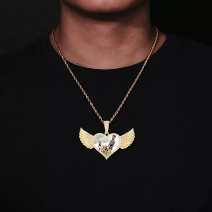 Gold micro-inlaid heart-shaped wings photo pendant - 25mm custom family necklace