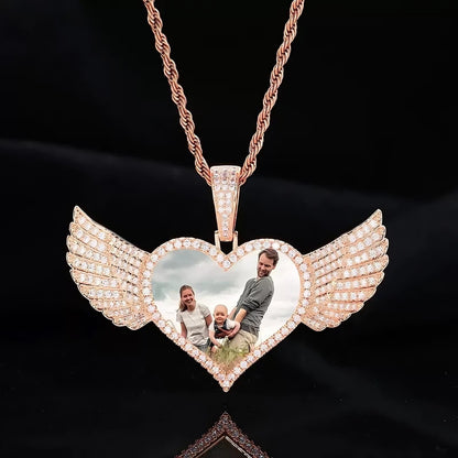 Micro-inlaid custom photo heart wings pendant in rose gold - 25mm personalized memorial necklace