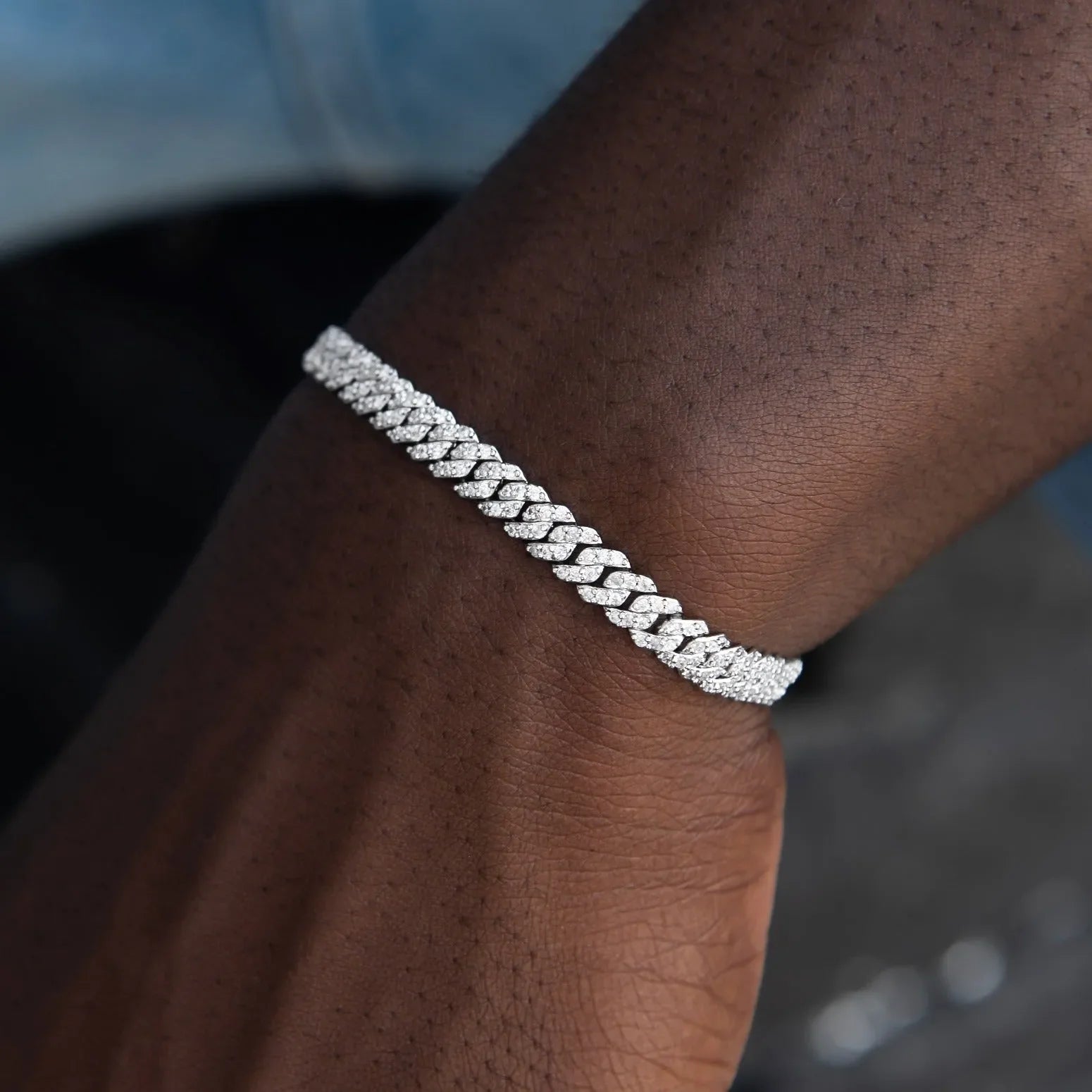 White gold micro diamond prong Cuban bracelet 6mm side view 