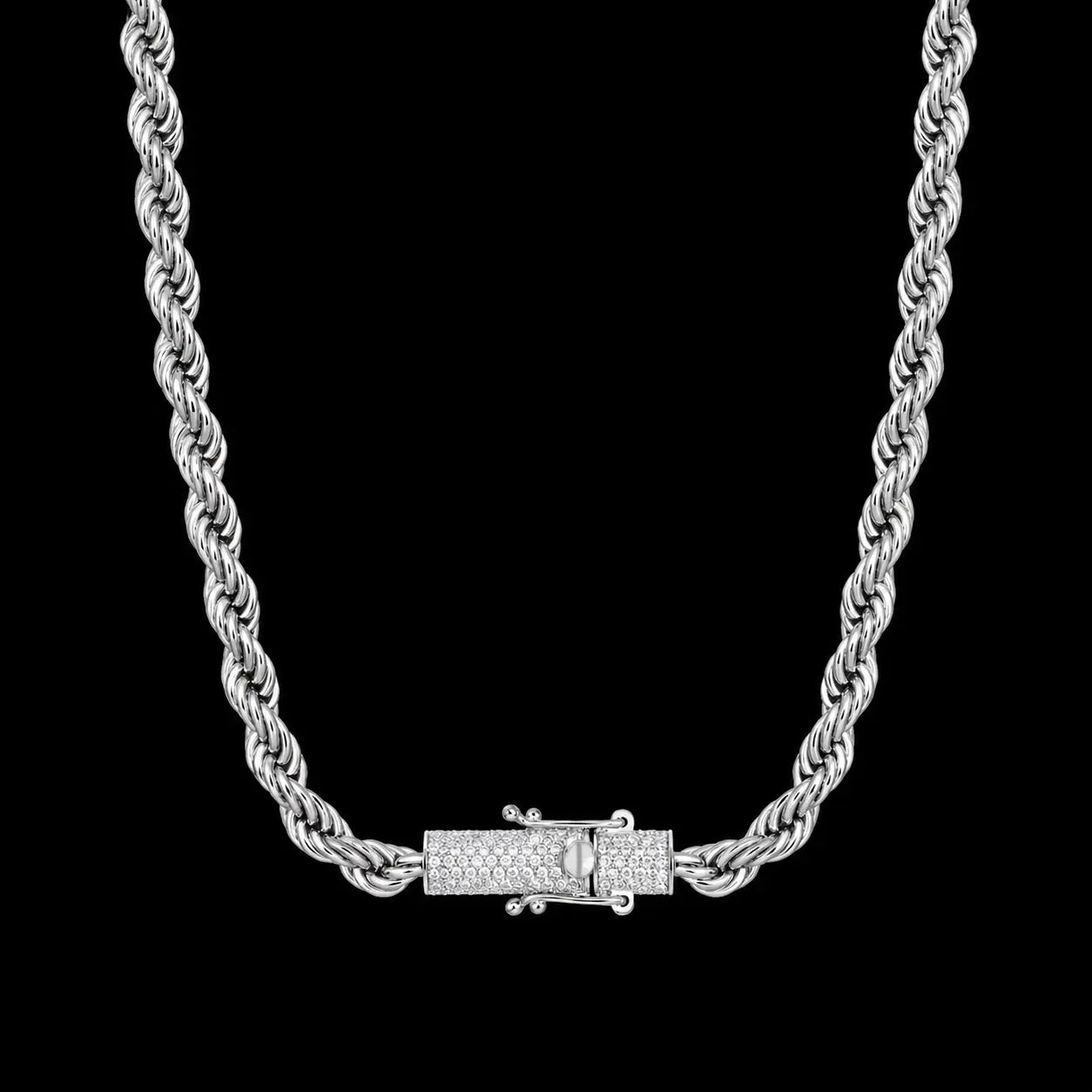 Moissanite Rope Chain Iced Clasp in White Gold - 6mm