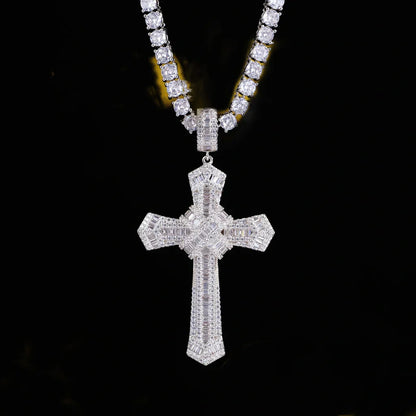 Iced Baguette Jesus Cross Necklace In White Gold