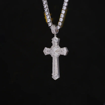 Iced Baguette Jesus Cross Necklace In White Gold
