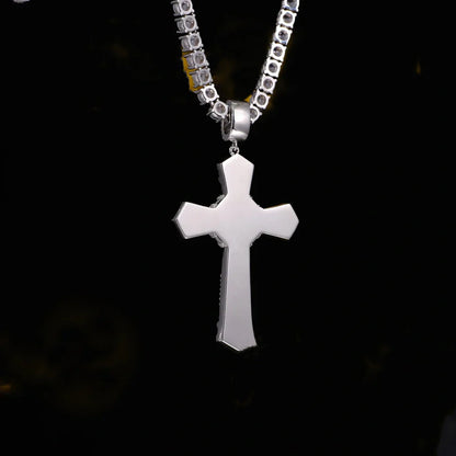Iced Baguette Jesus Cross Necklace In White Gold
