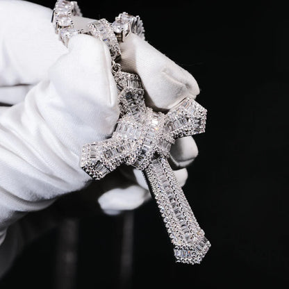 Iced Baguette Jesus Cross Necklace In White Gold