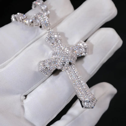 Iced Baguette Jesus Cross Necklace In White Gold
