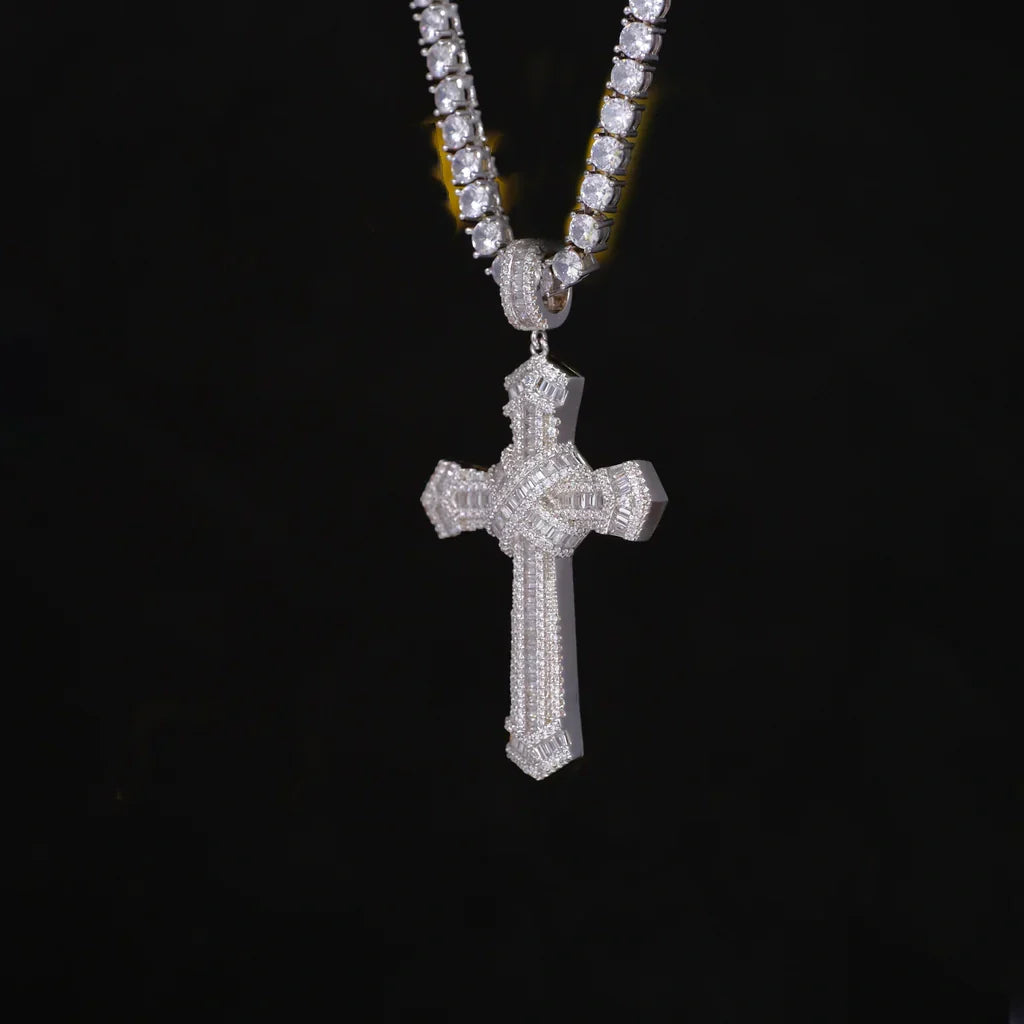 Iced Baguette Jesus Cross Necklace In White Gold