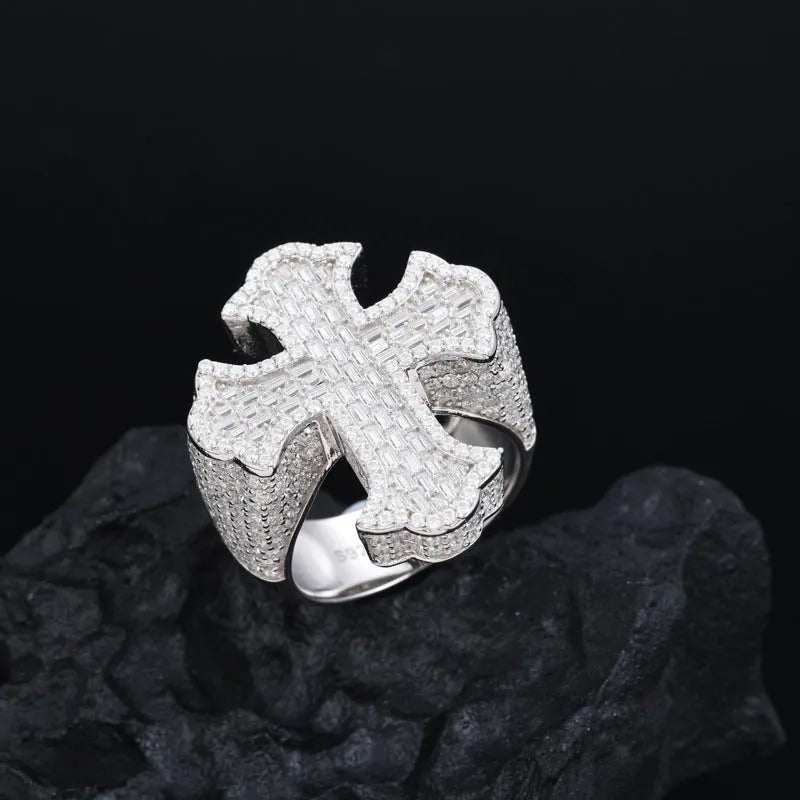 S925 VVS Moissanite Cross T Square Ice Ring