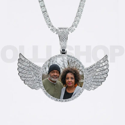 Personalized Winged Round Photo Pendant