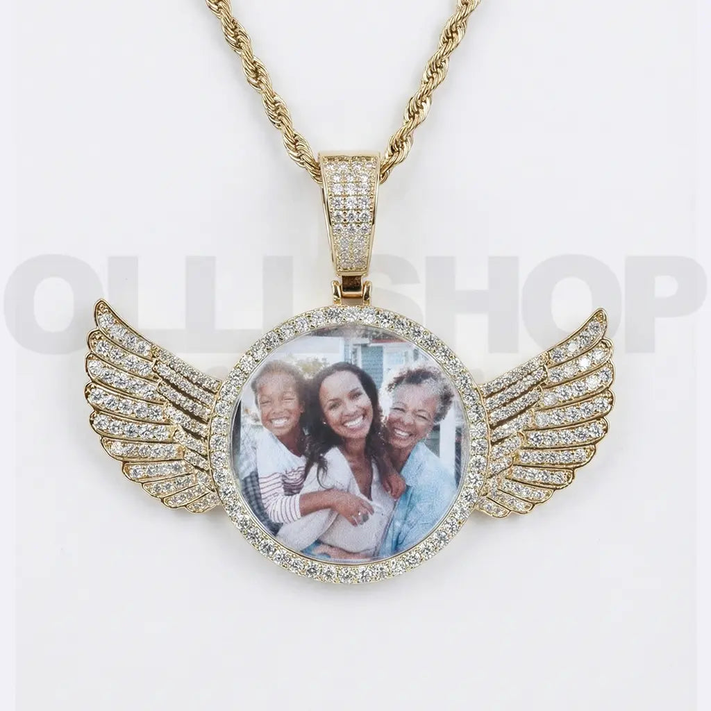 Personalized Winged Round Photo Pendant