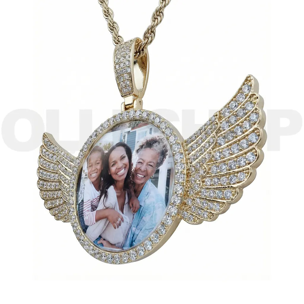 Personalized Winged Round Photo Pendant