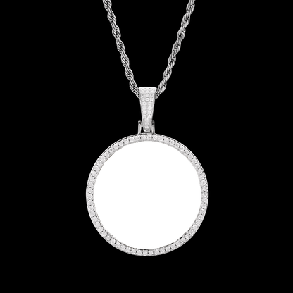 Backside view of 45mm white gold custom photo round pendant – polished finish ready for personalization