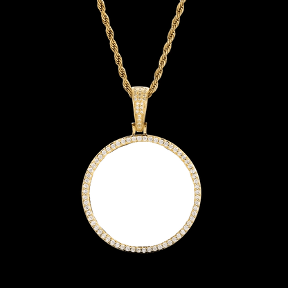 Rear view of 45mm yellow gold custom photo round pendant - polished finish ready for personalization