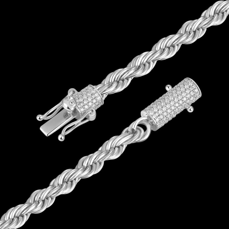 Moissanite Rope Chain Iced Clasp in White Gold - 6mm