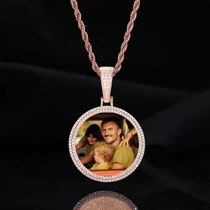 Rose gold custom photo double row micro-pavé round pendant necklace – 37mm personalized jewelry