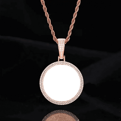 Empty rose gold micro-pavé round pendant frame for custom photo – 37mm personalized jewelry