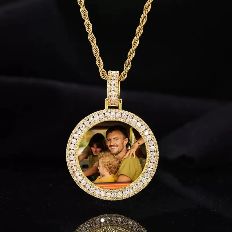 Rose Gold Double Row Micro-Inlaid 3D Custom Photo Round Pendant - 40mm
