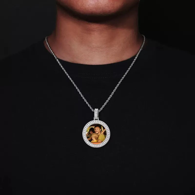 Rose Gold Double Row Micro-Inlaid 3D Custom Photo Round Pendant - 40mm