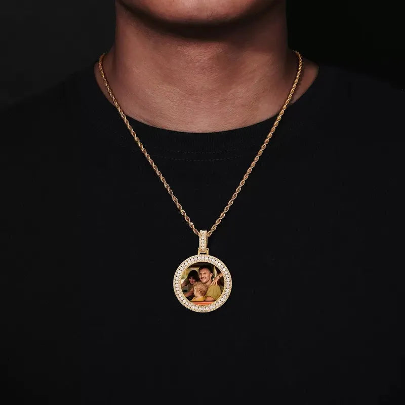 Rose Gold Double Row Micro-Inlaid 3D Custom Photo Round Pendant - 40mm