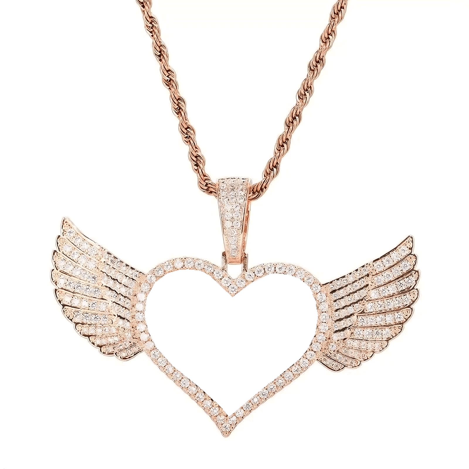 Micro-inlaid custom photo heart wings pendant in rose gold - 25mm personalized memorial necklace