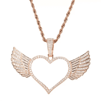 Micro-inlaid custom photo heart wings pendant in rose gold - 25mm personalized memorial necklace