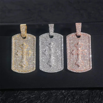 S925 & Moissanite Iced Cross Dog Tag Pendant - 26mm