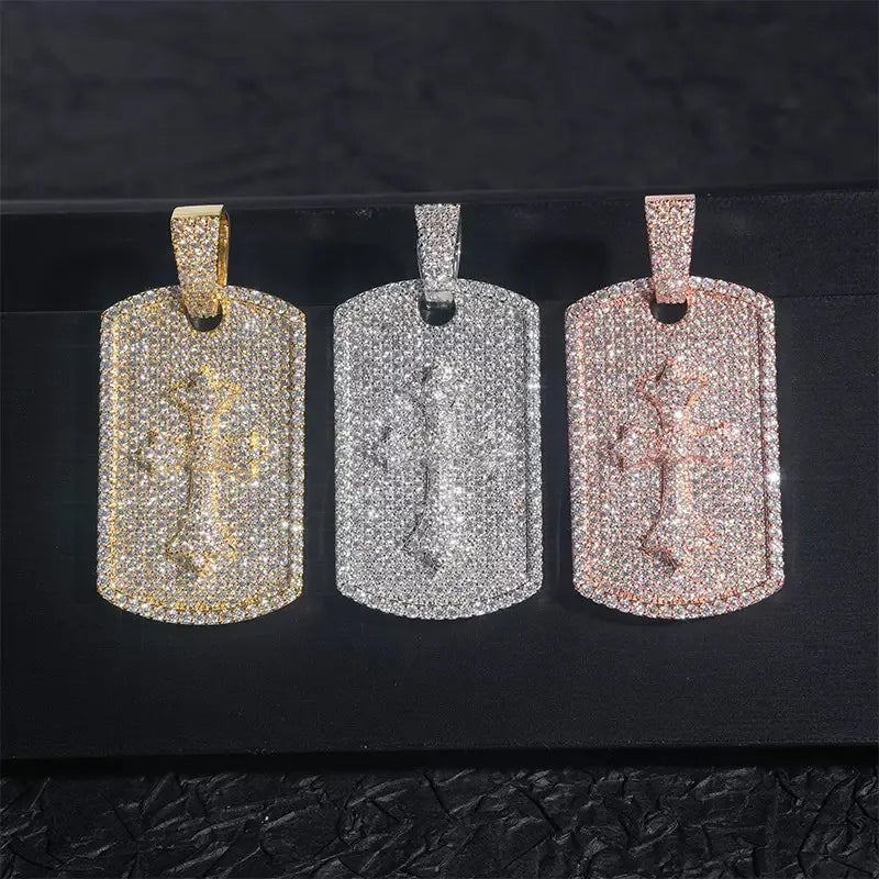 S925 & Moissanite Iced Cross Dog Tag Pendant - 26mm