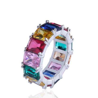 Colorful Rectangular Hip-Hop Ring in 18K Gold Plating