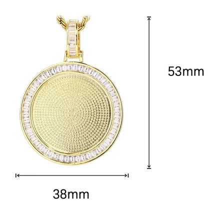 T-square Micro-inlaid Customized Photo Round Pendant in 18k Gold - 38mm