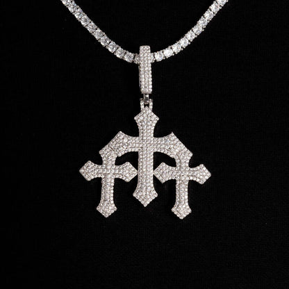 Detailed iced triple faithful cross pendant in white gold with chain