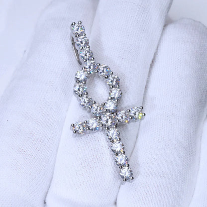 Close up moissanite ankh cross pendant with round cut diamonds iced out 