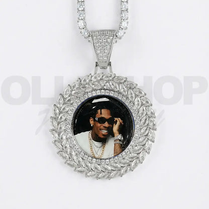 Wheat Ear Round Custom Photo Pendant - Personalized Iced Necklace