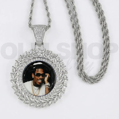 Wheat Ear Round Custom Photo Pendant - Personalized Iced Necklace