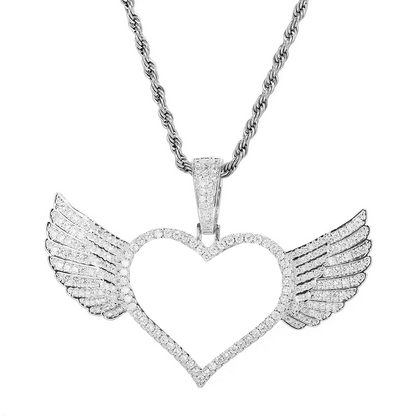 Silver micro-inlaid heart wings pendant with personalized photo - 25mm custom jewelry